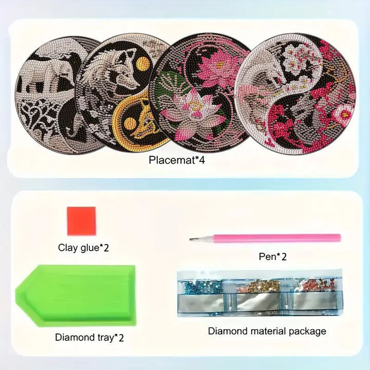 Peinture à diamant #154  4 x Sous plats animaux 15cm