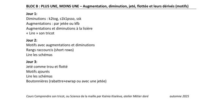Cours de tricot en groupe de 6 maximum. BLOC B