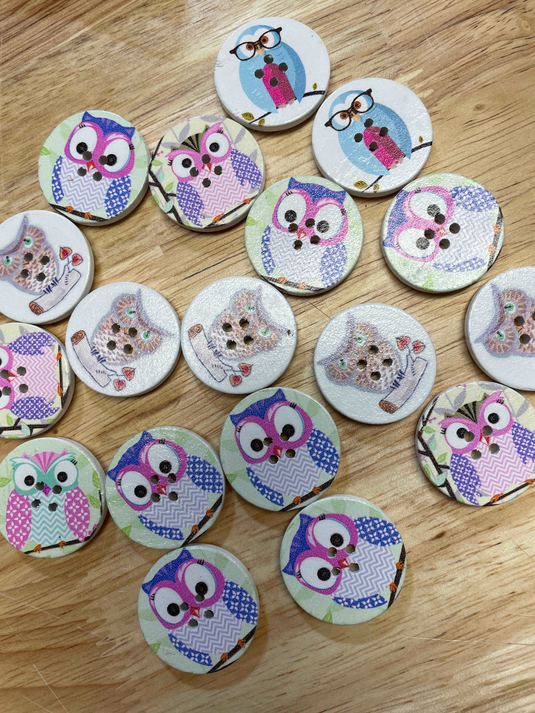 2 Boutons de bois hiboux colorés (30mm)
