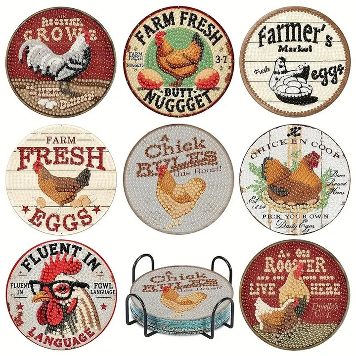 8 sous-verres en peinture à diamant Poules et coqs #182