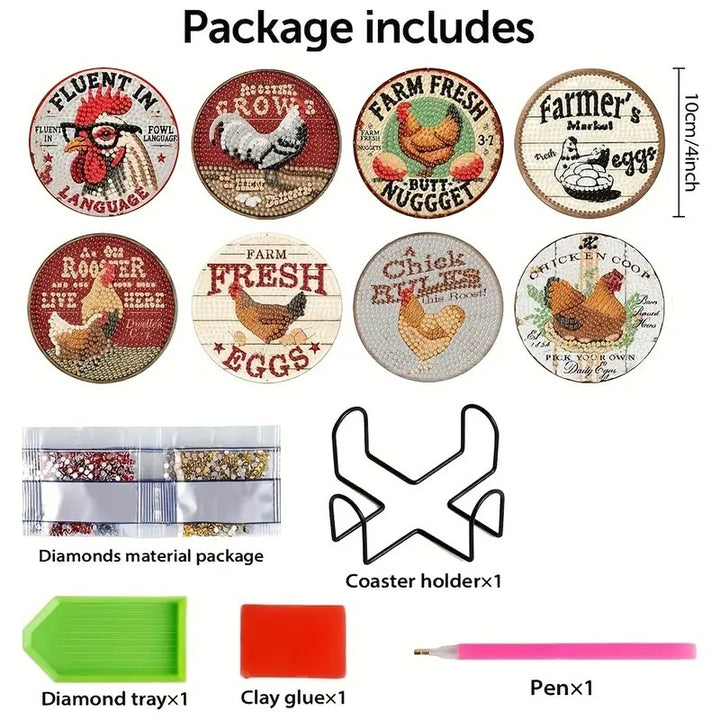 8 sous-verres en peinture à diamant Poules et coqs #182