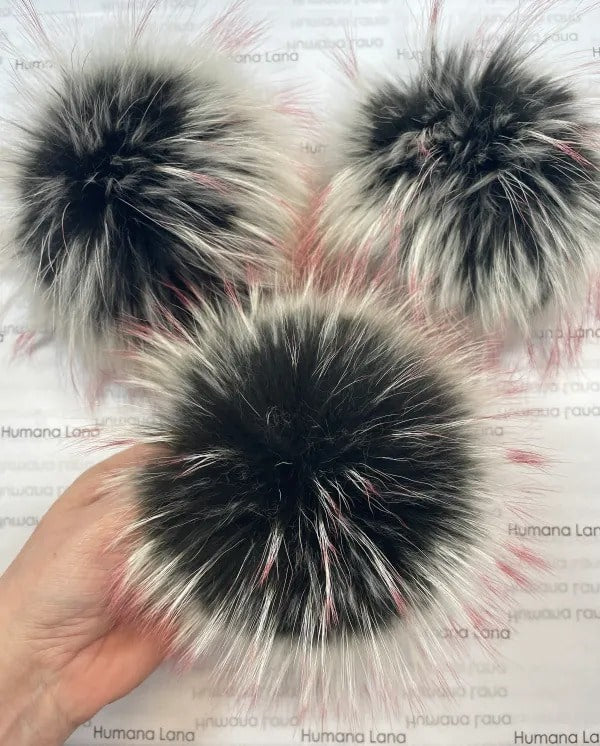 Pompon en fourrure Marron foncé à pointes blanches-roses