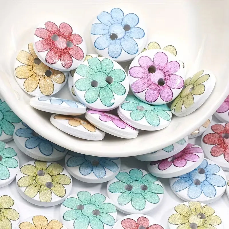 5 boutons en Bois blanc et fleur (15mm)