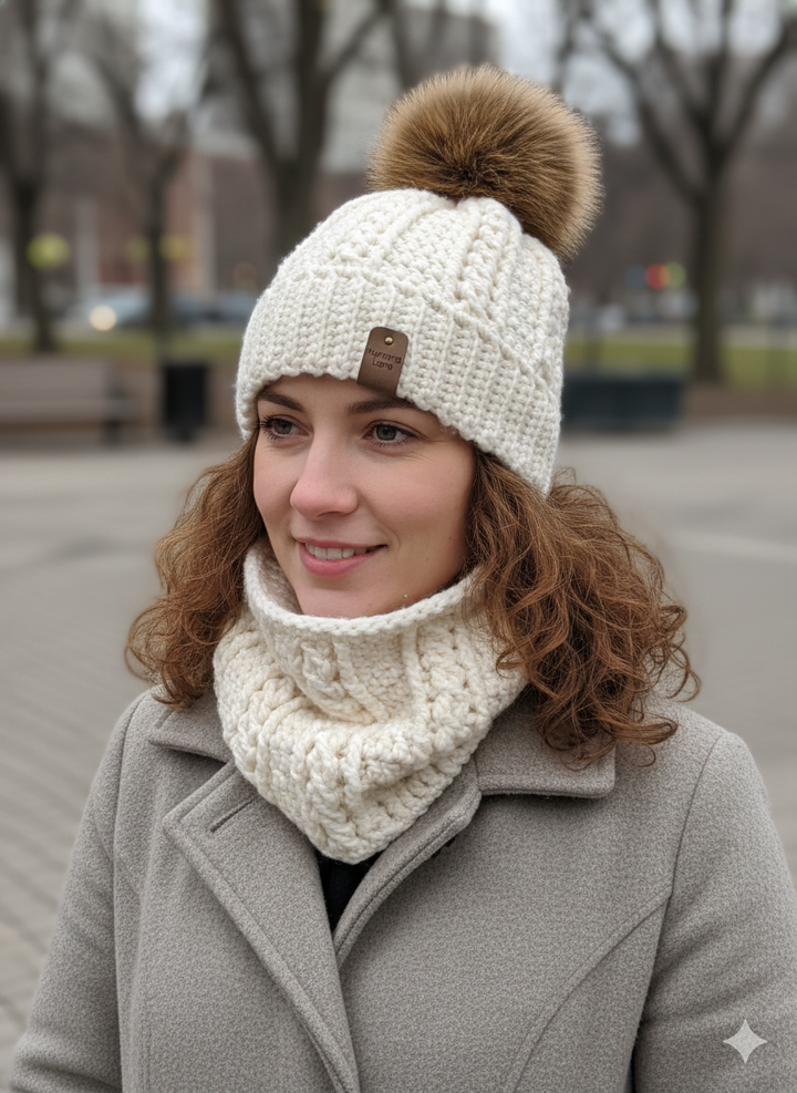 Ensemble tuque et cache-cou de couleur crème au crochet