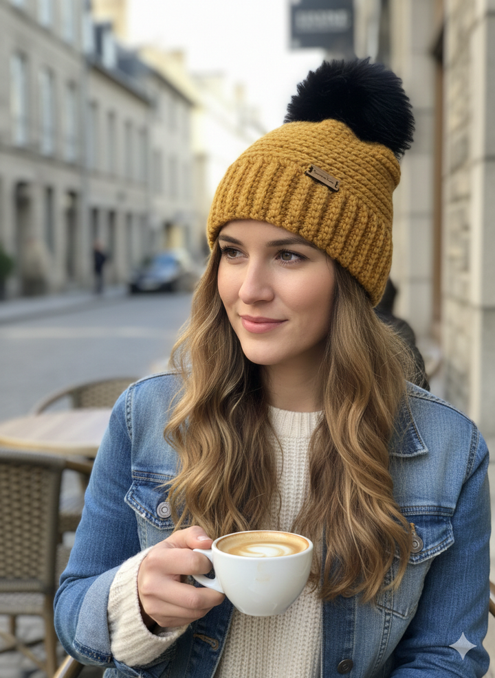 Tuque à pompon au crochet de couleur jaune