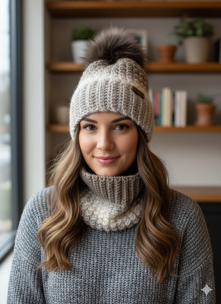 Ensemble de Tuque et cache-cou au crochet, de couleur nougat et crème
