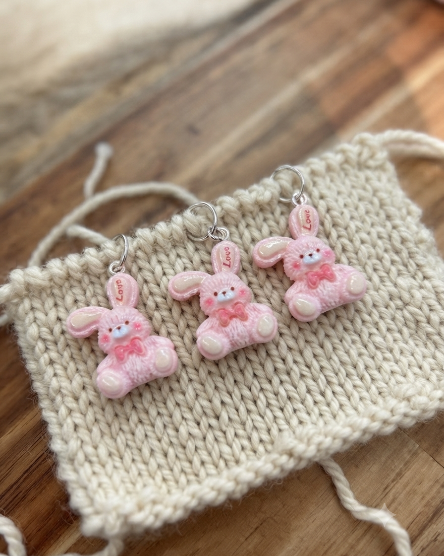 3 marque-mailles de lapin rose