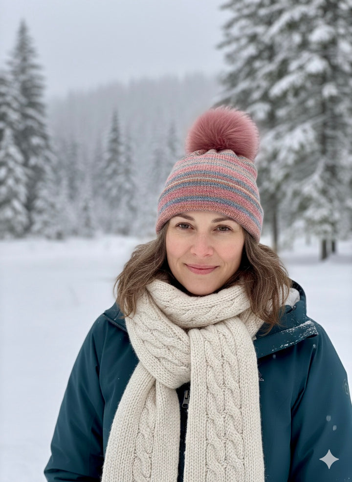Tuque Doublé à rebord au tricot avec pompon