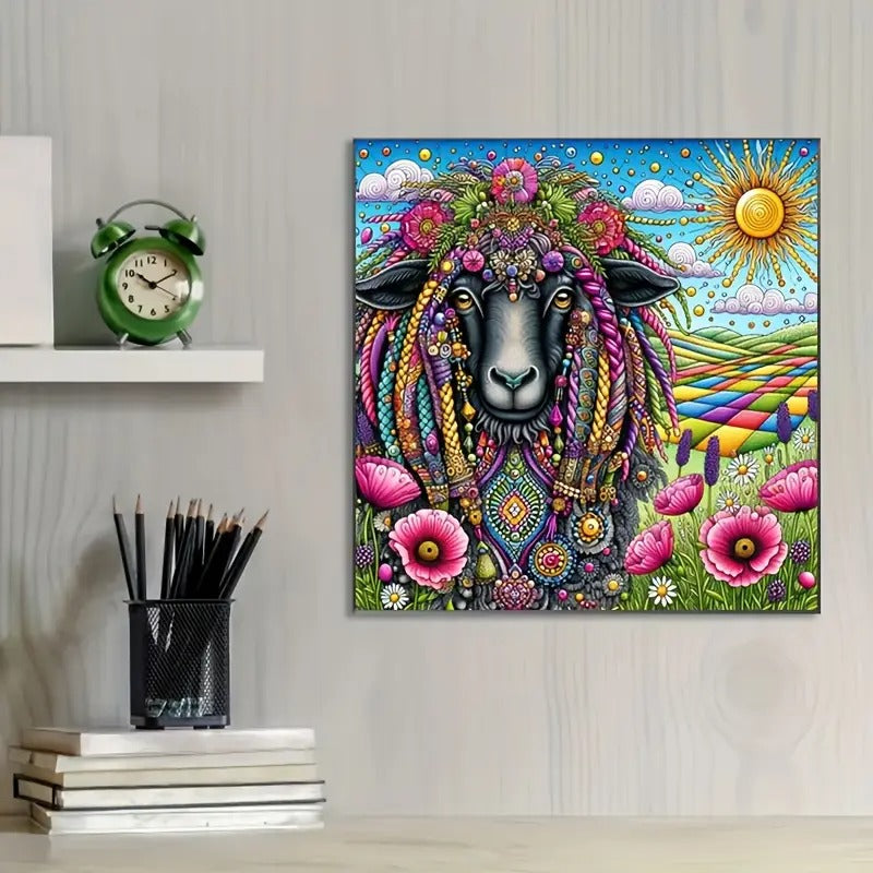 Peinture à diamant #124  50cm x 50cm Mouton rasta fleuris