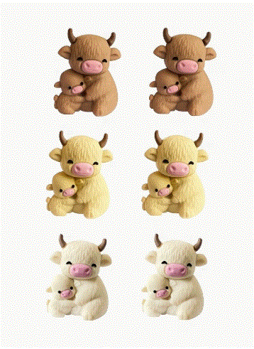 Vache highland 3D et son petit en silicone. Protège pointes d'aiguilles a tricoter